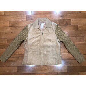 NWOT A.M.I. Women's Tan Leather Jacket W/ Knit Sleeves Zip Front Size L